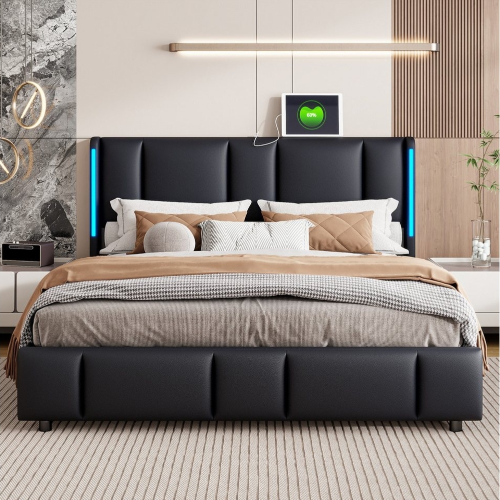 FUROKOY Stauraumbett Polsterbett Doppelbett mit LED-Beleuchtung Kopfteil (Bettgestell mit Metallrahmen und Lattenrost), Hydraulisches Funktionsbett, ohne Matratze, Schwarz, PU, 140x200cm Bild 1