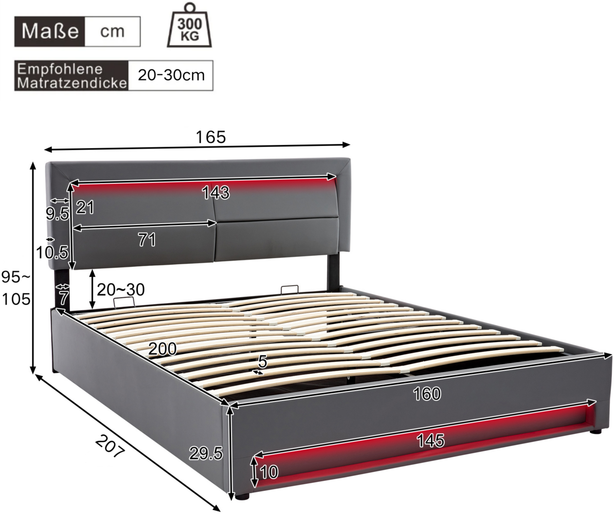 Merax Polsterbett LED Doppelbett 160x200cm mit USB-Anschluss und hydraulischem Stauraum, grau Bild 1