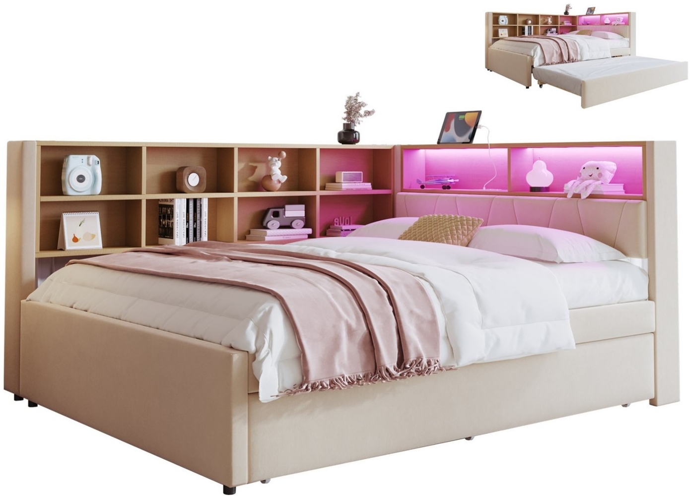 SeedWave Polsterbett Modernes Tagesbett Schlafsofa Funktionsbetten, 90×200/140×200 CM, Inkl. USB & Typ-C Ladeanschluss, Ausziehbett: 90 x 190 cm Bild 1