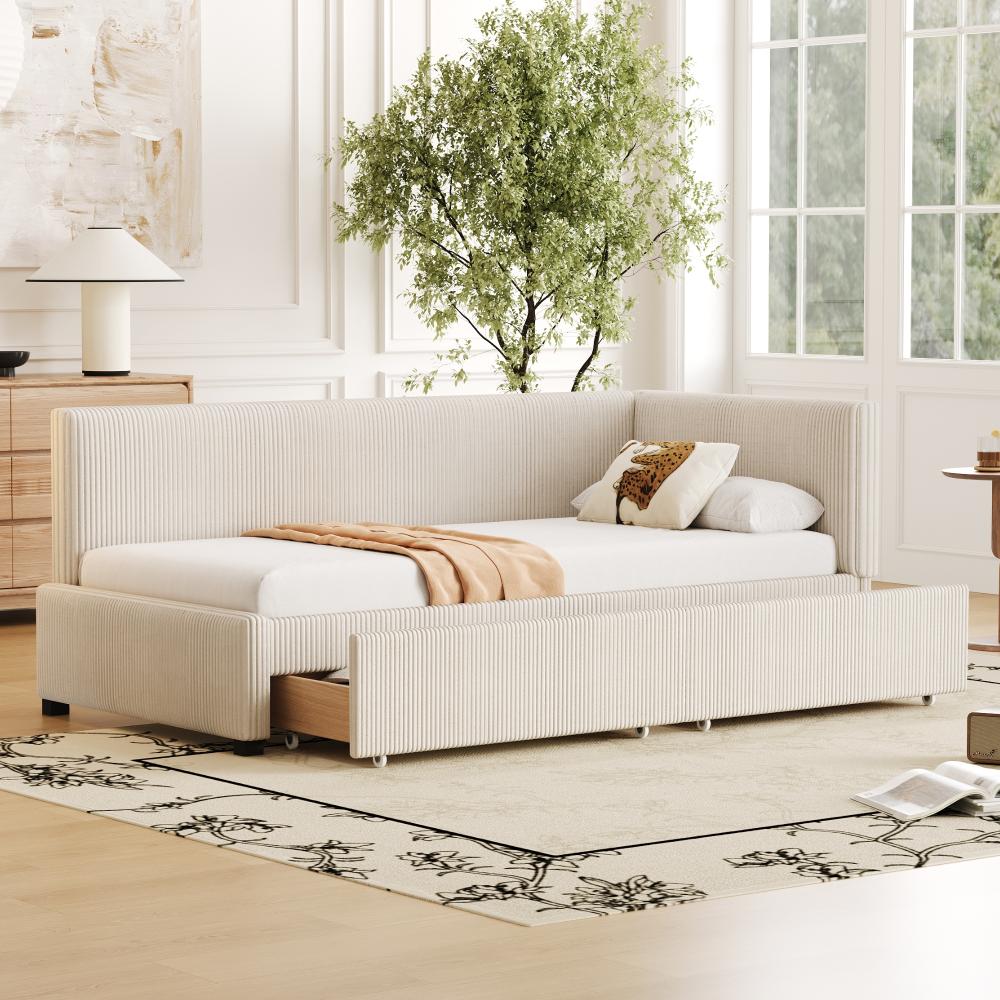 Merax Polsterbett Schlafsofa 90*200 Multifunktionsbett mit 2 großen Stauraumschubladen und Lattenrost hautfreundlicher Samtstoff Beige Bild 1