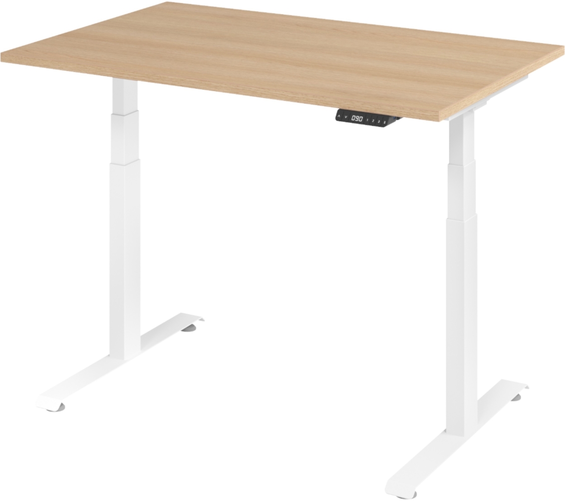 bümö höhenverstellbarer Schreibtisch 120x80 cm in Eiche, Gestell weiß - Höhenverstellbar Elektrisch Stehpult mit 3-fach Speicher, Computertisch, Ergonomischer Steh-Sitz Tisch, Bürotisch, LXK65-12-E-W Bild 1