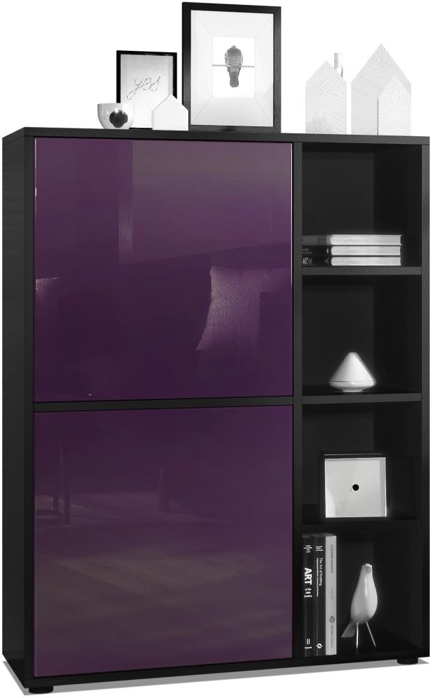 Highboard Schrank Anrichte Cuba mit 8 Fächern, Korpus in Schwarz matt / Fronten in Brombeer Hochglanz Bild 1