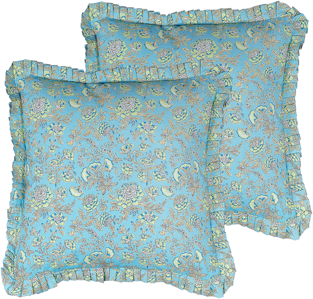 Kissen 2er Set AMOENA Baumwolle 45 x 45 cm Blumenmuster Blockdruck Blau Bild 1