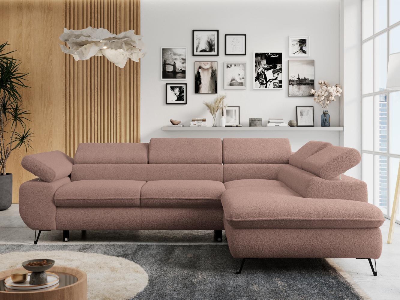 Mks Möbel 'Peter L-form' Ecksofa mit Bettfunktion, Bettkasten & einstellbaren Kopfstützen, Rosa, Boucle, rechts Bild 1