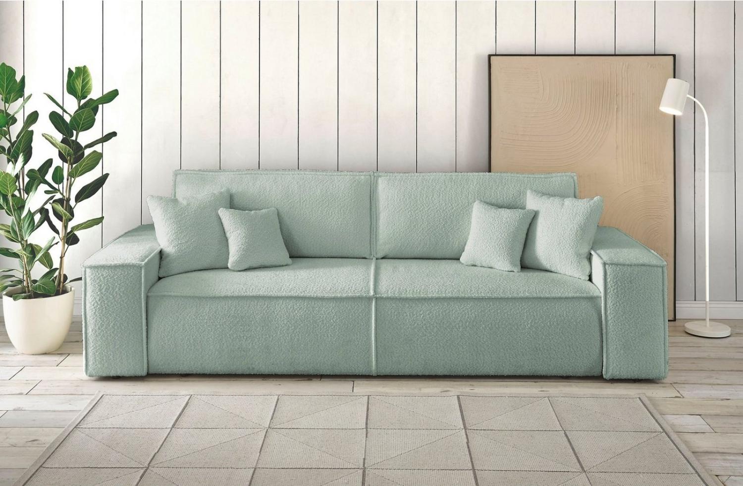 andas 3-Sitzer FINNLEY Schlafsofa 257 cm, Schlaffunktion mit Bettkasten (200/136cm), in Aqua Clean-Bouclé, Struktur fein u. Cord Bild 1