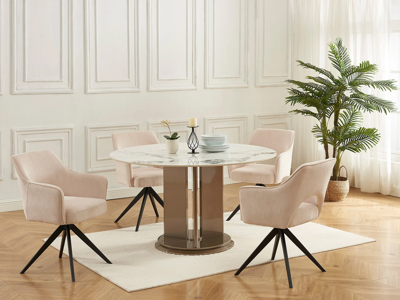 Vente-unique - Drehstuhl mit Armlehnen 2er-Set - Cord & schwarzes Metall - Cremefarben - KONYA Bild 1