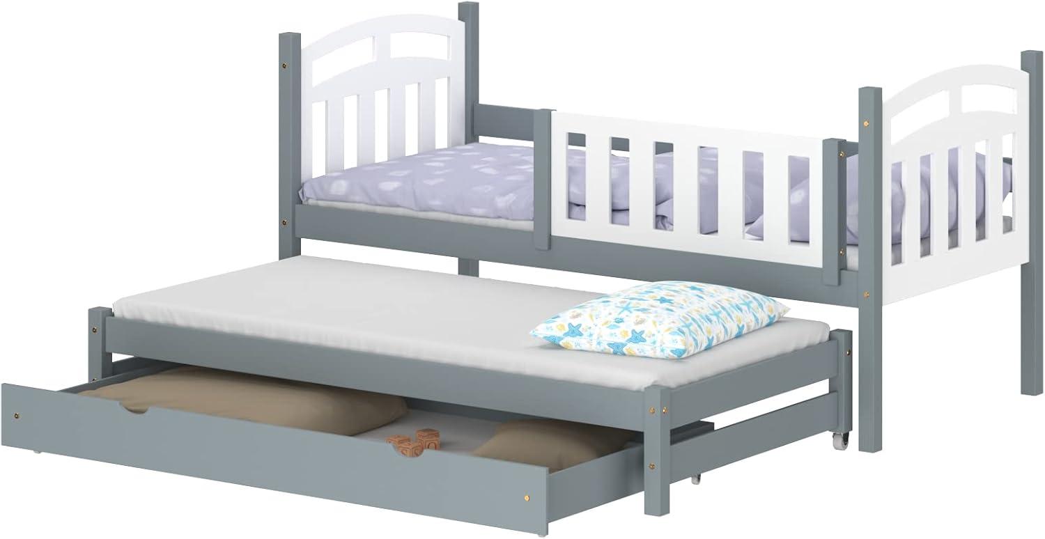 WNM Group Kinderbett Ausziehbar mit Rausfallschutz Suzie - aus Massivholz - Ausziehbett fr Mdchen und Jungen - Bett mit Schublade - Funktionsbett 180x80 / 170x80 cm - Grau Bild 1