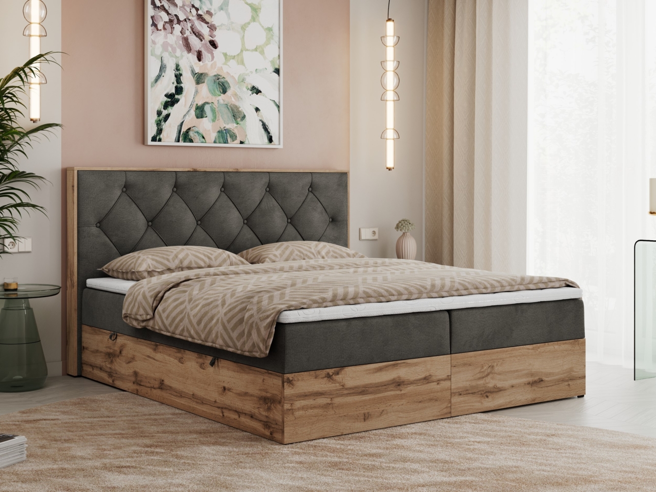 Boxspringbett, Schlafzimmerbett, Bettkasten - VENETO -200 x 200 cm - Dunkelgrau Velvet - H3 Bild 1