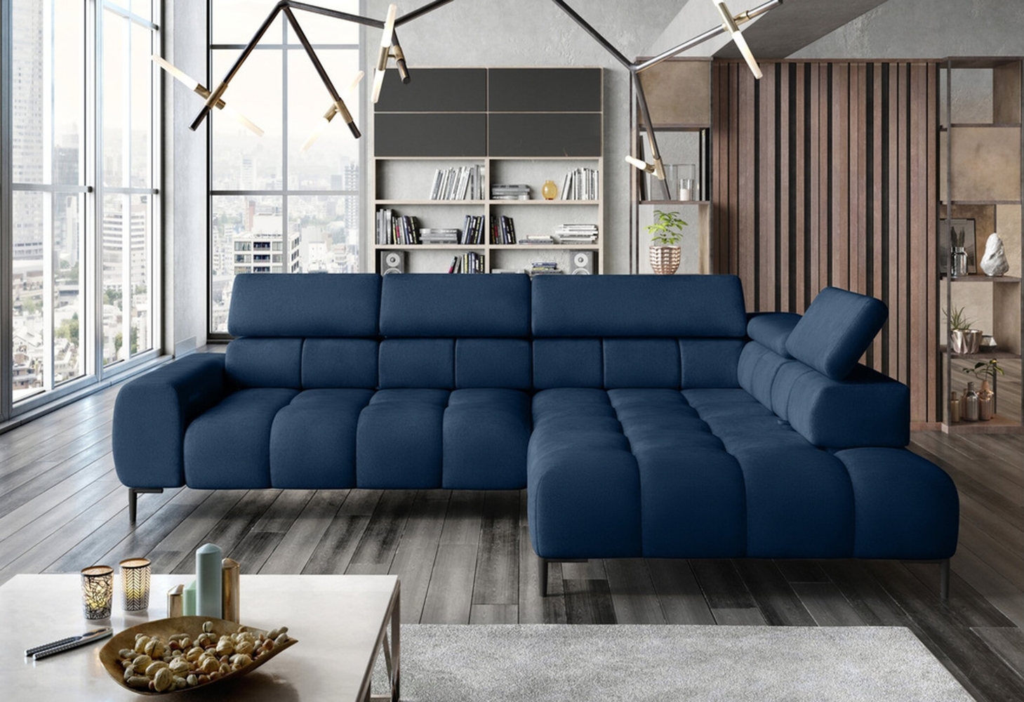 Stylefy Plazetti Ecksofa Velours KRONOS Rechts Blau Bild 1