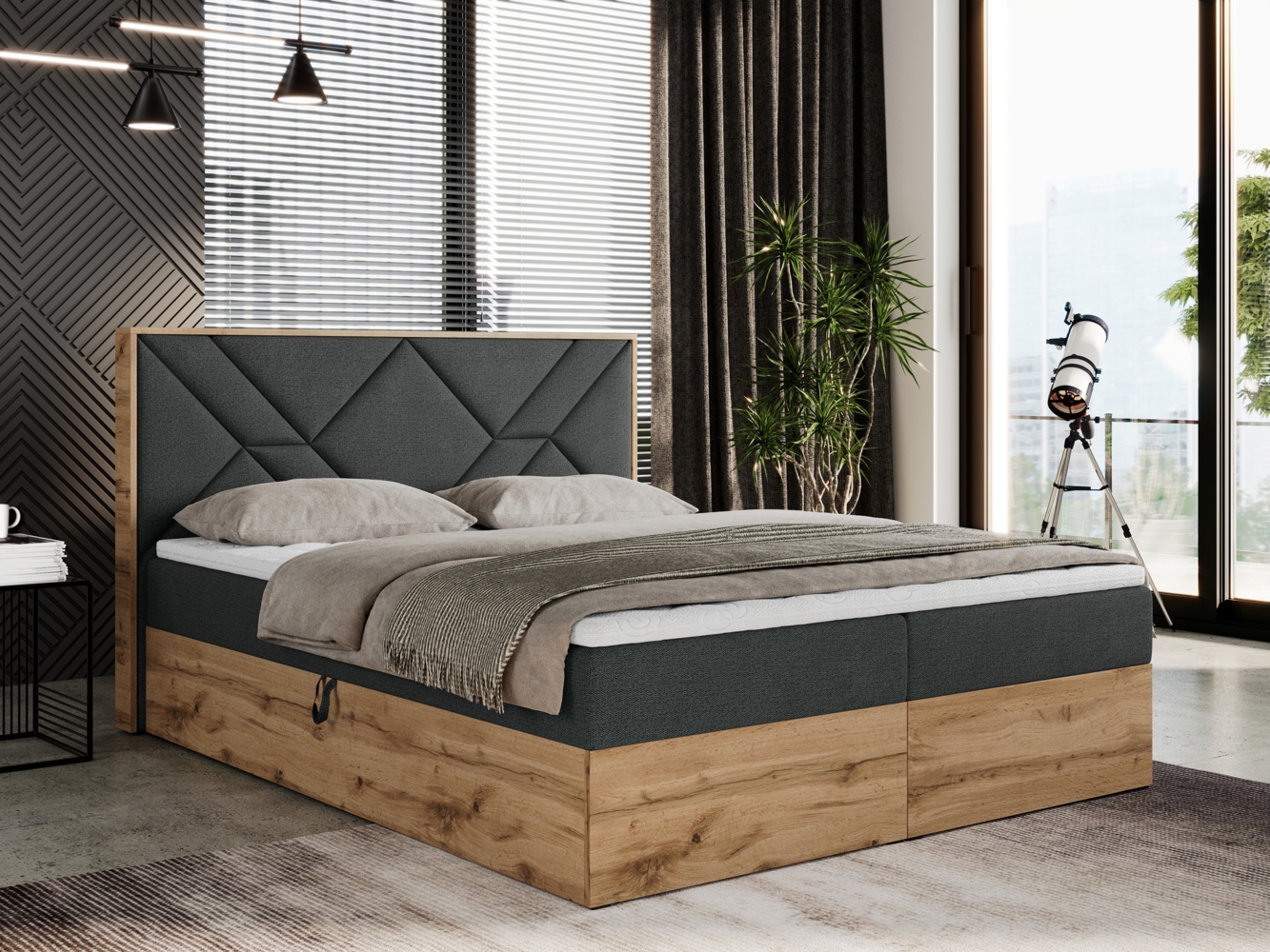 Boxspringbett mit Kopfteil und Topper, Polsterbett - GUNAR - 140 x 200 cm - Dunkelgrau Stoff - H3 - Topper T25 Bild 1