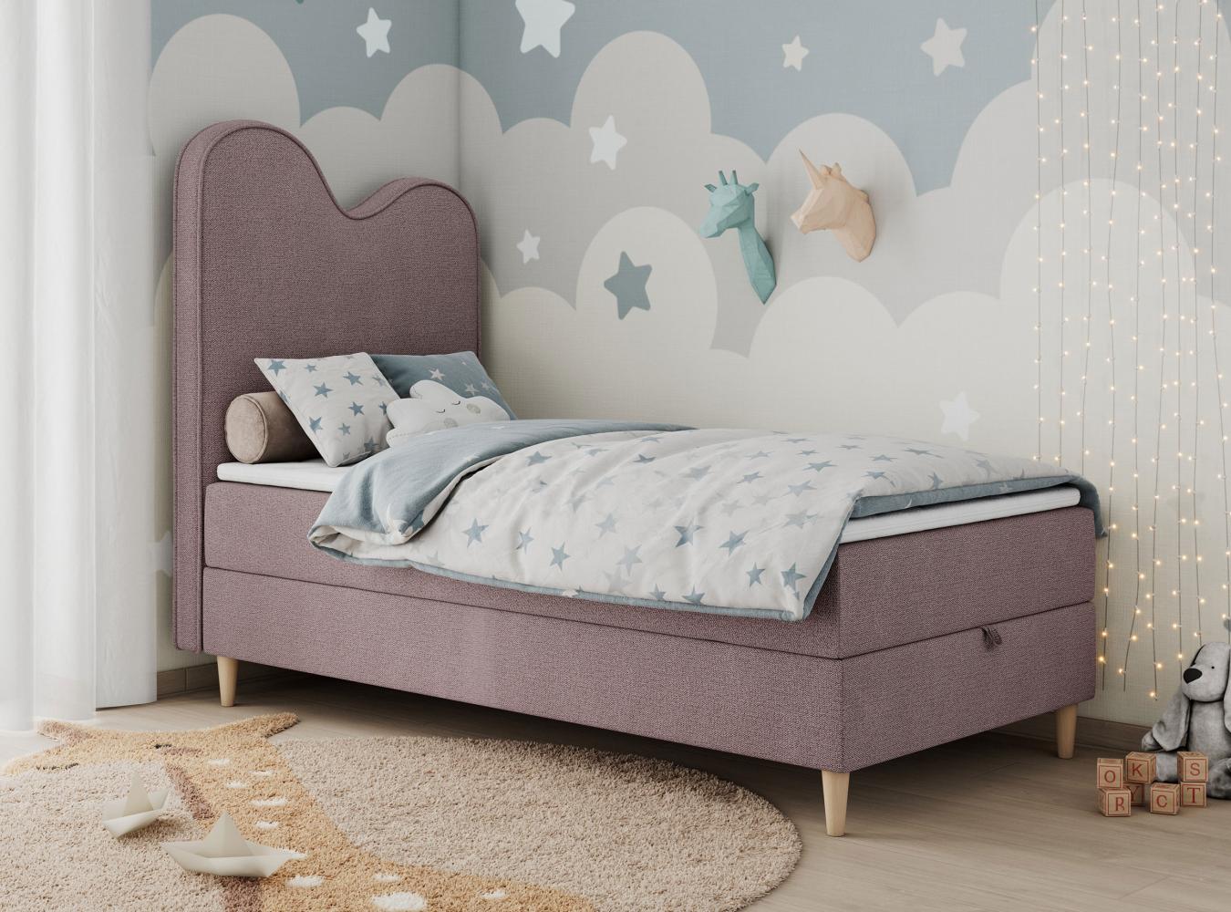 Kinderbett FLOW, Boxspringbett für Kinder, mit hohem Kopfteil, Einzelbett mit Matratze - 90x160 - Rosa Stoff - Topper T25 Bild 1