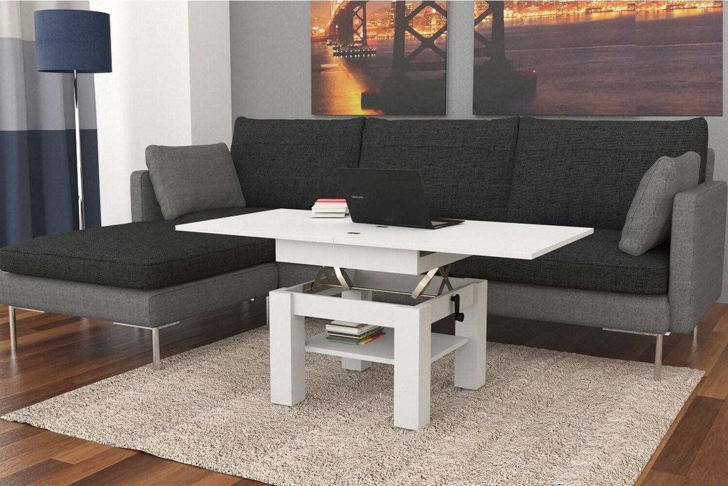 designimpex Couchtisch Design Cleo stufenlos höhenverstellbar aufklappbar Esstisch Bild 1