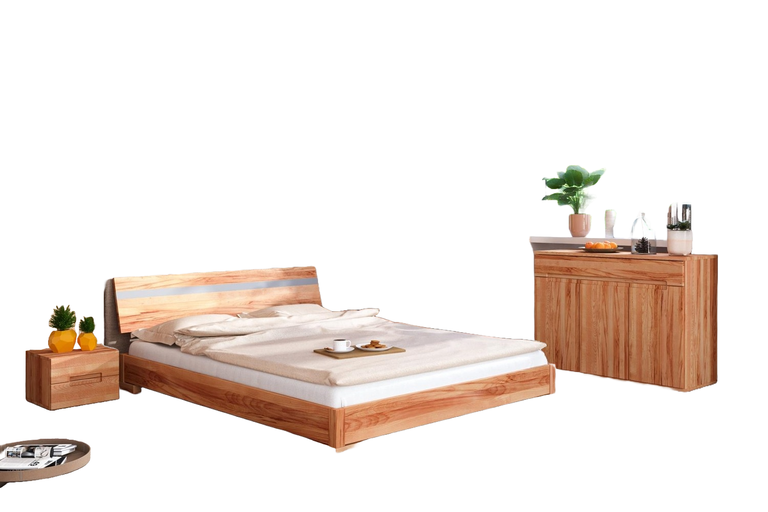 Bett Bento 12 aus Kernbuche massiv 80x200 cm mit Holzkopfteil und Holzbeinen Bild 1