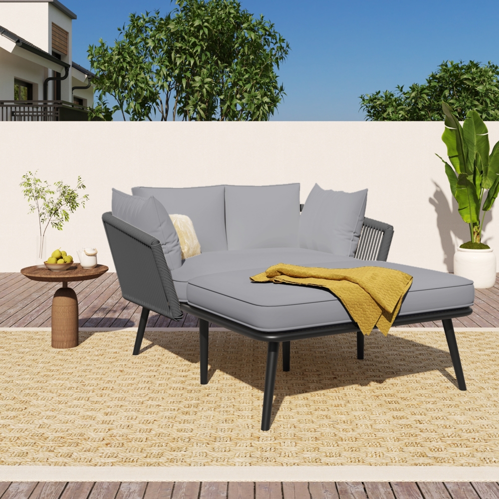 Merax Gartensofa mit 2 Kissen und 2 Polster,Sonnenliege im Außenbereich, Gartenlounge, Balkonmöbel-Set, Loungemöbel, Terrassenmöbel, Grau Bild 1