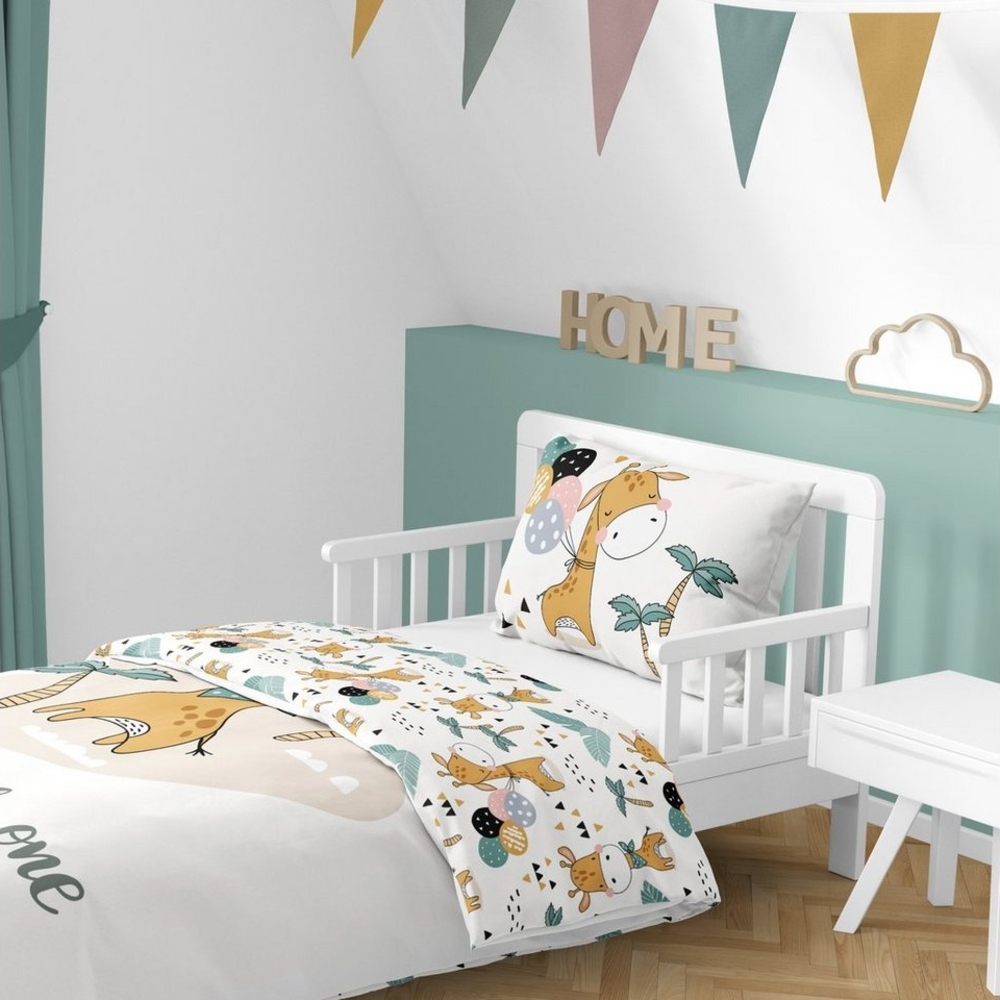 MTOnlinehandel Babybettwäsche Giraffe 100x135 + 40x60 cm, 100 % Baumwolle, Renforcé, 2 teilig, süße Dream Big Little One Kleinkinderbettwäsche mit Reißverschluss Bild 1