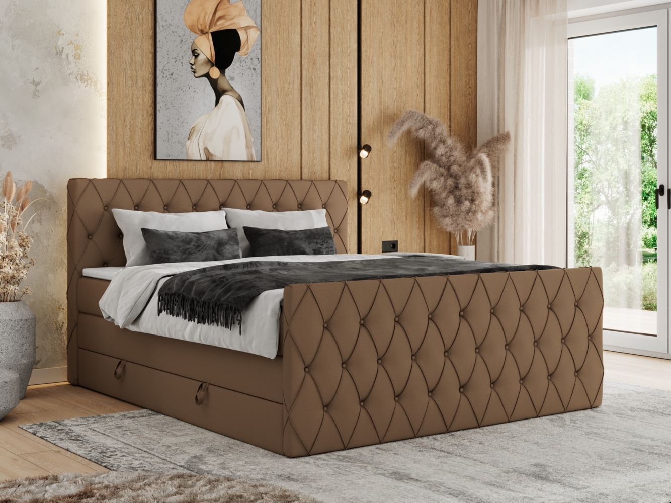 Boxspringbett, Doppelbett mit Fußteil, Multipocket-Matratzen und Topper, gestepptes Kopfteil und Front - MIREN KING DUO - 180x200 cm - Braun Kunstleder - H4 Bild 1