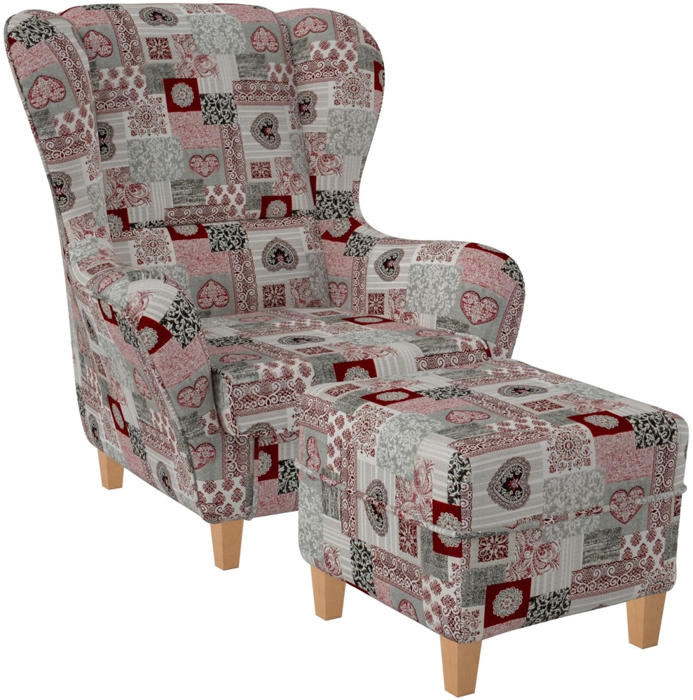 Supellex Sofia Ohrensessel mit Hocker | Design Patchwork Ornamente, Herz Rot Bild 1