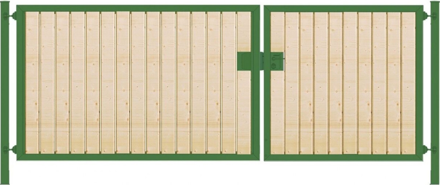 Einfahrtstor Premium (2-flügelig) mit Holzfüllung senkrecht asymmetrisch grün B:450 cm H:100 cm Bild 1