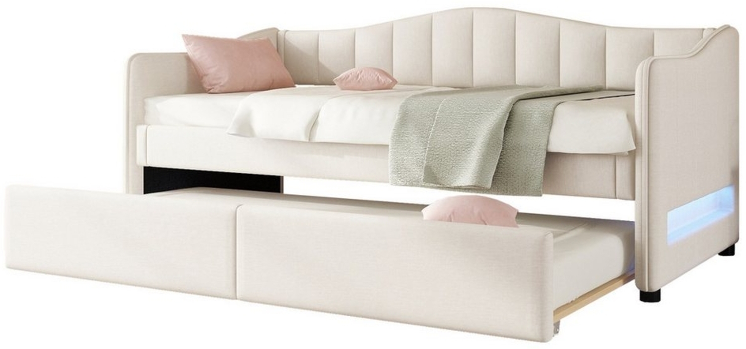 OKWISH Schlafsofa Tagesbett Polsterbett mit ausziehbarem Kinderbett und Leinenbezug, Einzelbett im minimalistischen Stil, inkl. Ambiente-Licht, ohne Matratze Bild 1