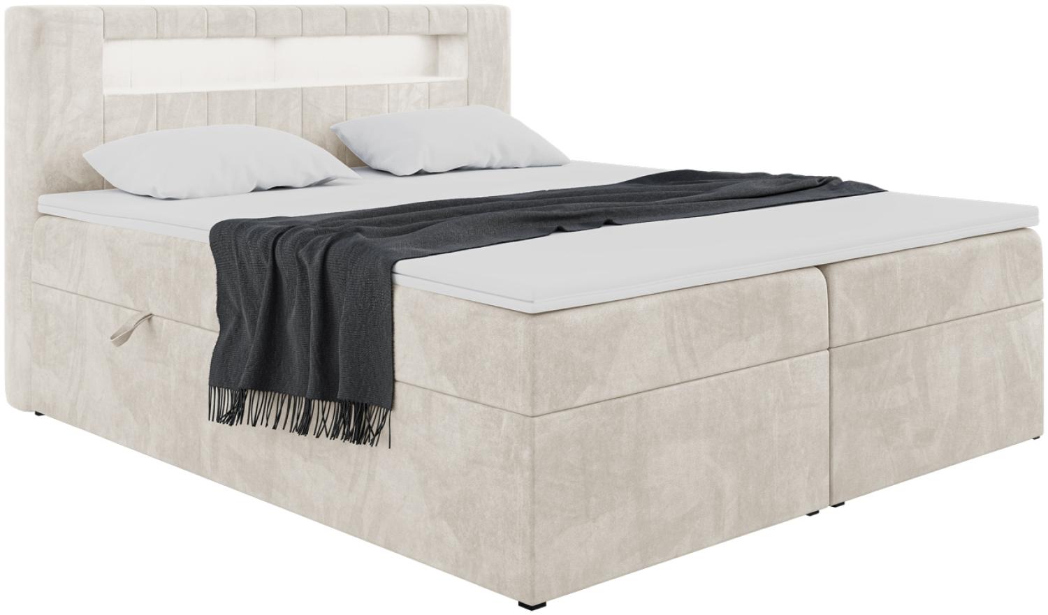 MEBLINI Boxspringbett ASPIN 140x200 cm mit Bettkasten und LED - H3/Creme Samt Polsterbett - Doppelbett mit Topper & Taschenfederkern-Matratze Bild 1