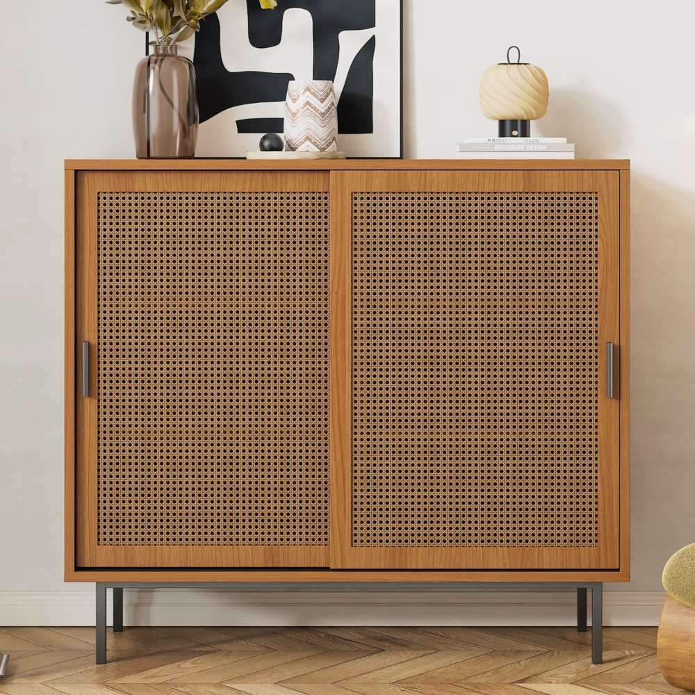 Sideboard mit Rattan-Schiebetüren, Landhausstil walnuss, 100 x 37 x 90 cm Bild 1