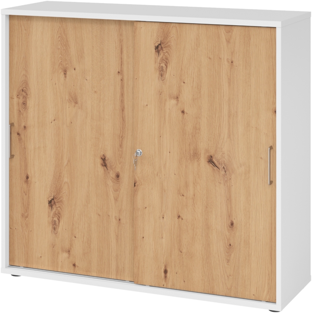 bümö Schiebetürenschrank 3OH - Aktenschrank abschließbar, Sideboard Schrank mit Schiebetüren in Weiß/Asteiche, Bügelgriff - Büroschrank aus Holz mit Schiebetür, Büro Kommode für Ordner & Co, 1753S-W-R-BS Bild 1