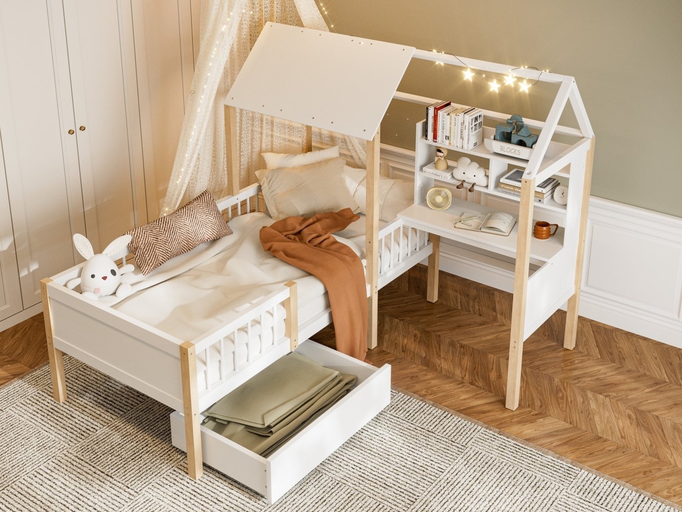 KLAM HOME Kinderbett Funktionsbett 90 x 200 cm mit L-förmigem Schreibtisch und Bücherregal (mit Rausfallschutz und Lattenrost und Schubladen mit Rollen), multifunktionales Hausbett aus Massivholz weiß Bild 1