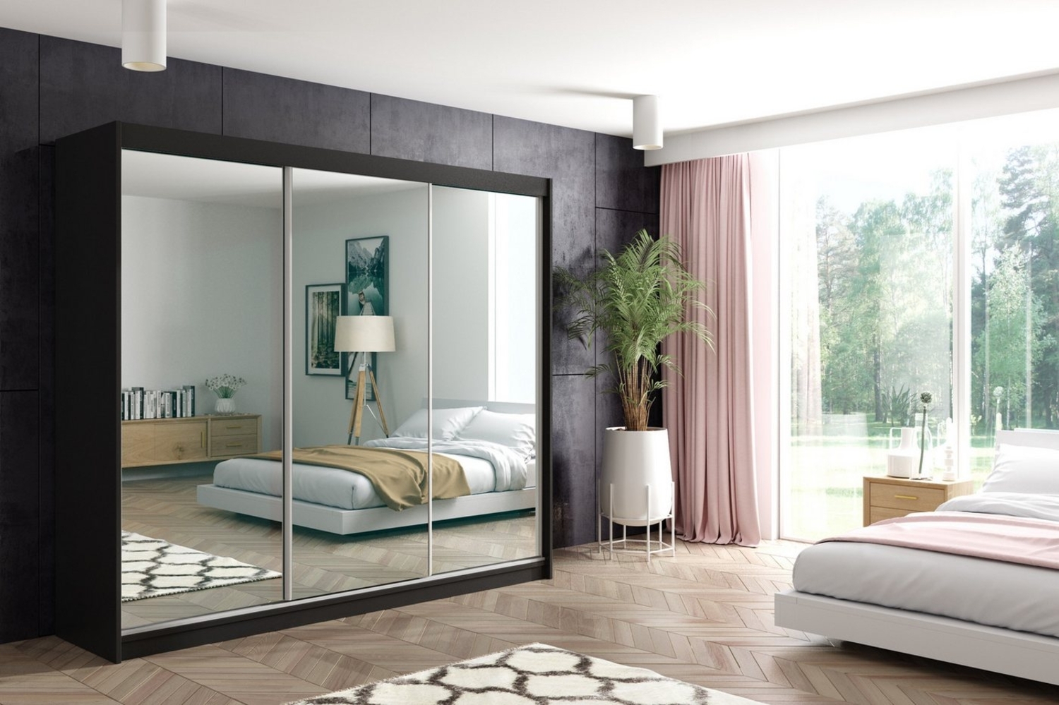 ALTDECOR Schiebetürenschrank DEBI (Kleiderschrank Garderobenschrank mit viel Stauraum Moderner Schrank) Spiegel Spiegeltüren Vielseitiger Schwebetürenschrank LED Beleuchtung Bild 1