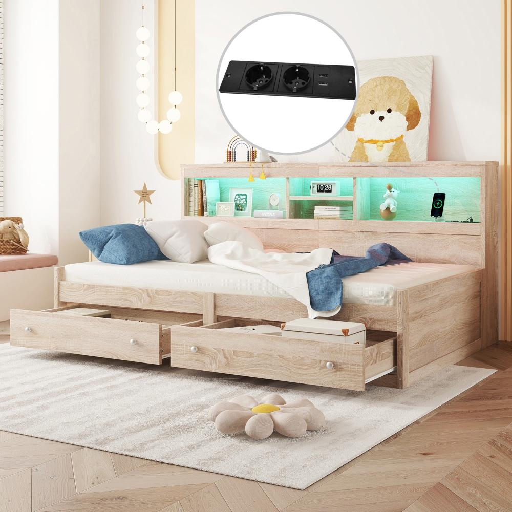 Merax Kinderbett LED Daybett Einzelbett 90x200cm mit Ladefunktion und 2 Schubladen, Natur Bild 1