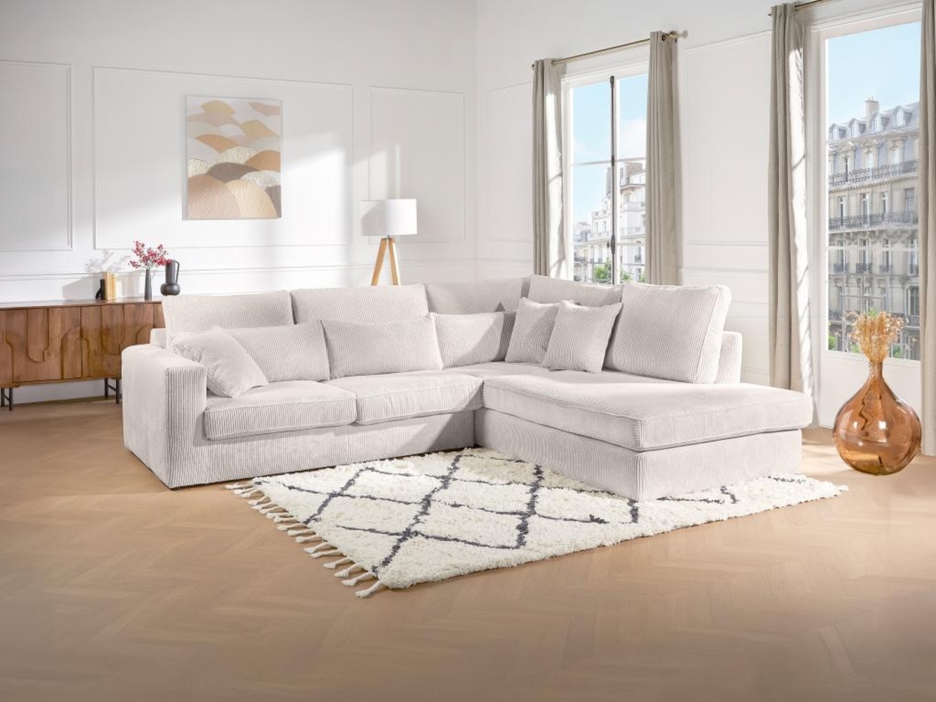 Vente-unique - Großes Ecksofa - Ecke rechts - Cord - Beige - MONDOVI II Bild 1
