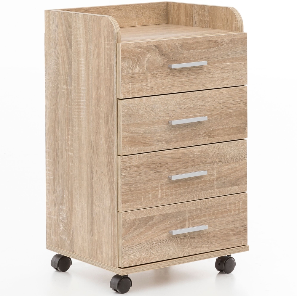 Rollcontainer WL5.749 40 x 70,5 x 33 cm Sonoma, Schreibtisch-Container Rollschrank 4 Schubladen, Moderner Schubladencontainer mit Rollen, Standcontainer Bürocontainer Beistellcontainer Bild 1