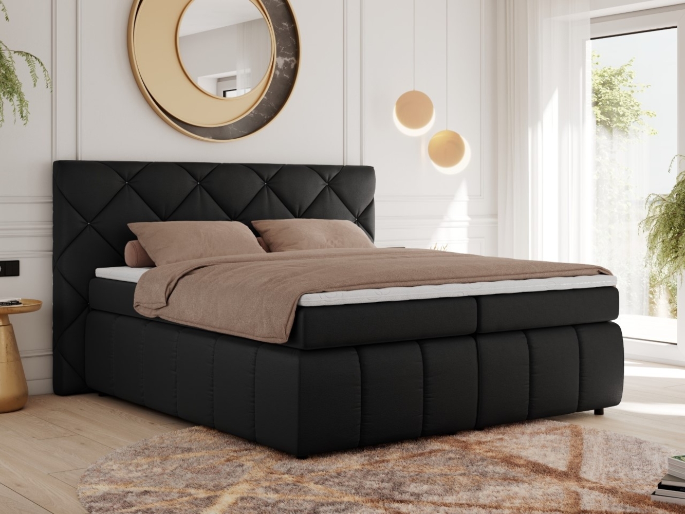 Boxspringbett, Doppelbett, Polsterbett mit Matratzen und Kopfteil - RITA - 140 x 200 cm - Schwarz Kunstleder - H4 Bild 1