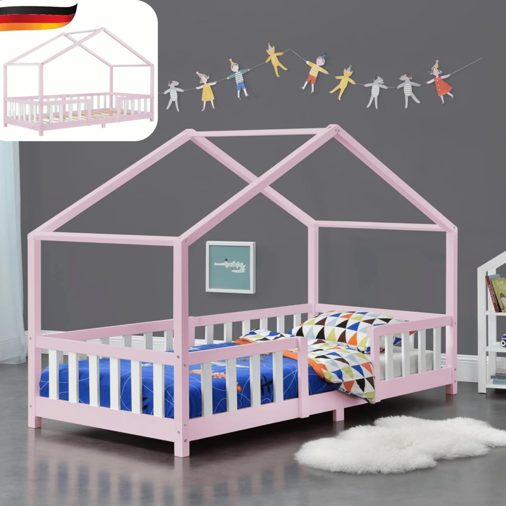 DELUKE® Kinderbett 90x200 cm MILA - mit Lattenrost Rausfallschutz Hausbett Kinder Haus Bett Kinderzimmer Bodenbett Einzelbett Kinder Bett Klein Kinderbett Montessori Bett Rosa Bild 1