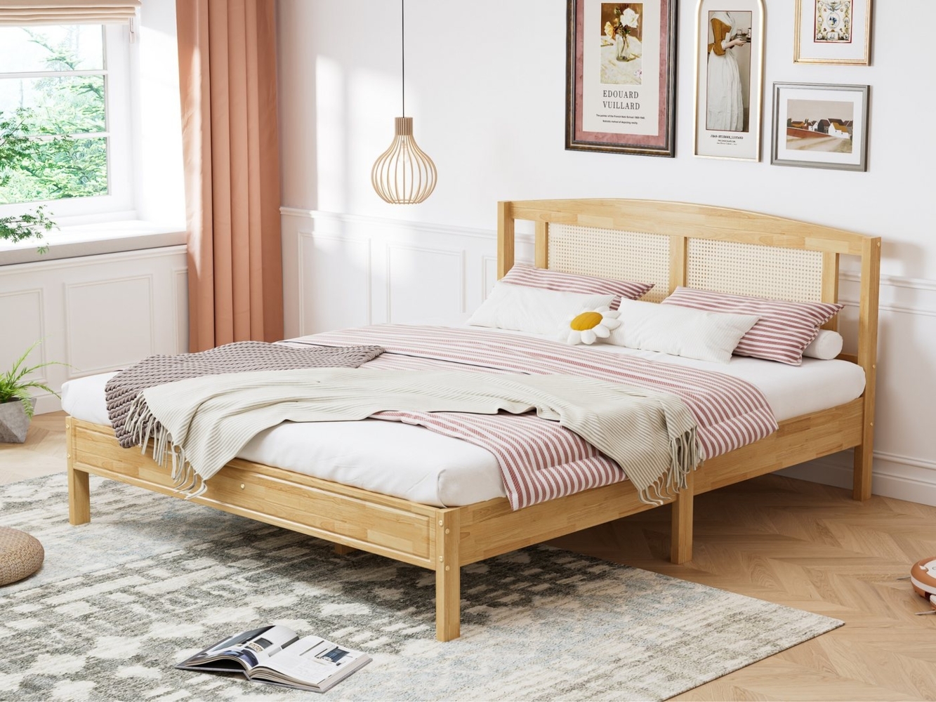 SeedWave Massivholzbett Doppelbett mit Rattan Bettkopfteil, Holzbett, Lattenrosten,160X200cm Bild 1