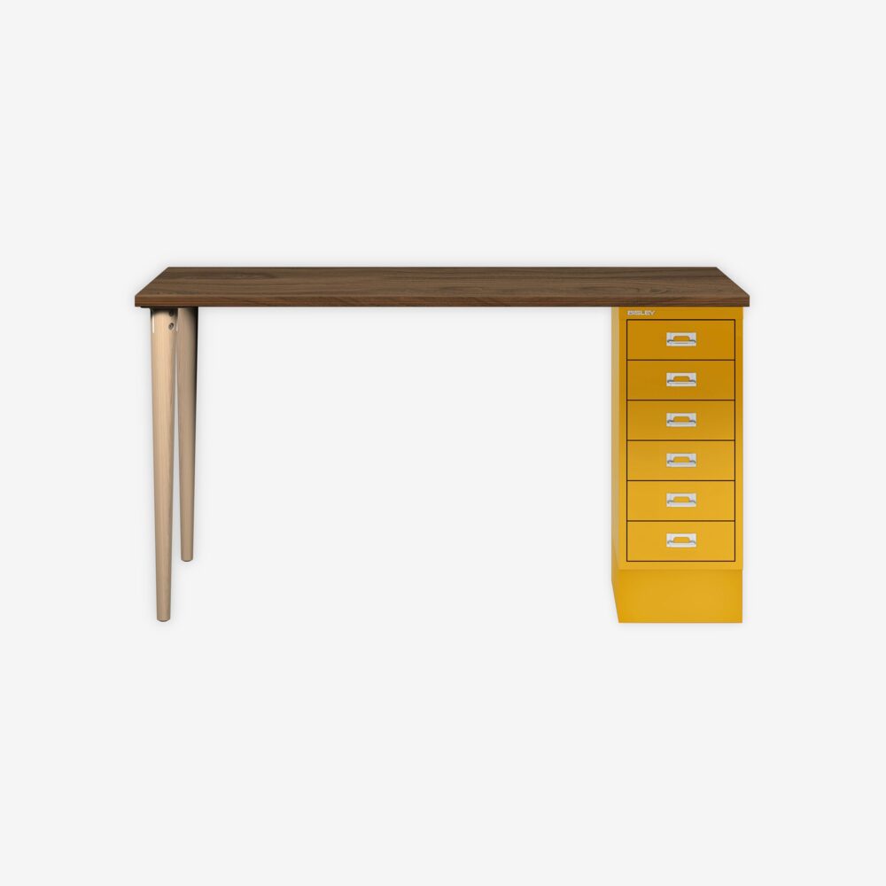 MultiDesk, 2 Eichenfüße, 1 MultiDrawer mit 6 Schüben, Dekor Nussbaum, Farbe Sunflower, Maße: H 740 x B 1400 x T 600 mm Bild 1