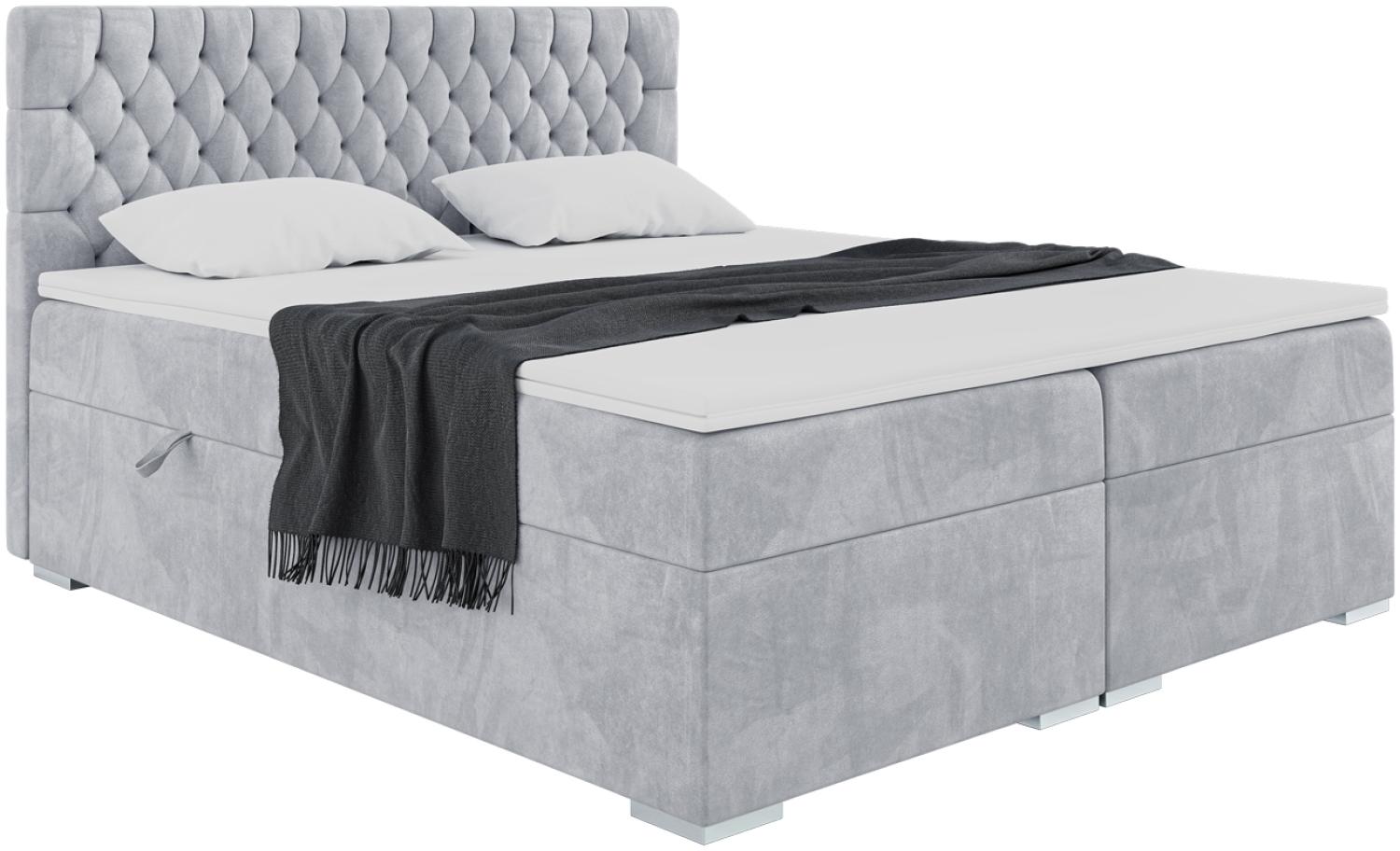 MEBLINI Boxspringbett DALIA 160x200 cm mit Bettkasten - H3/Hellgrau Samt Polsterbett - Doppelbett mit Topper & Taschenfederkern-Matratze Bild 1