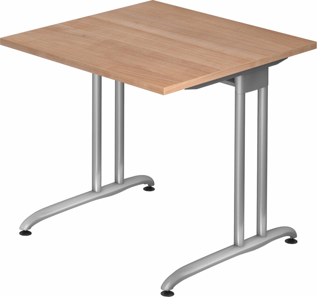 bümö Schreibtisch klein Serie 80x80 cm, Tischplatte aus Holz in Nussbaum, Gestell aus Metall in Silber - PC Tisch, kleiner Computertisch für's Büro, Office Bürotisch, BS-08-N Bild 1