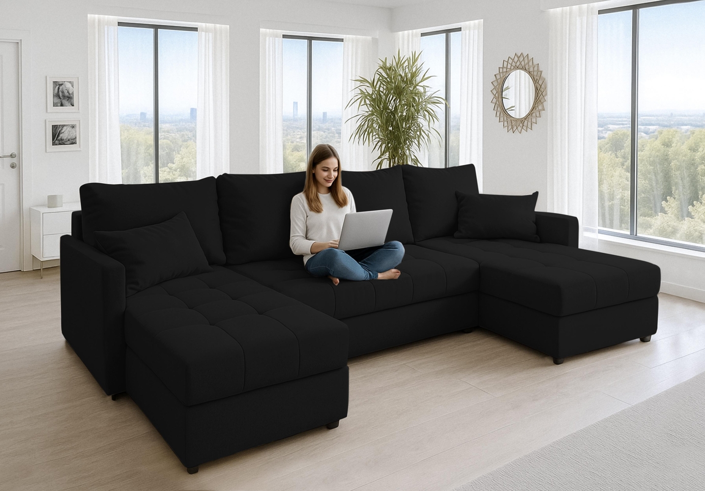 AX LIVING Ecksofas groß Dolceo 287 cm – Sofa schwarz mit Schlaffunktion & Ottomana Bild 1