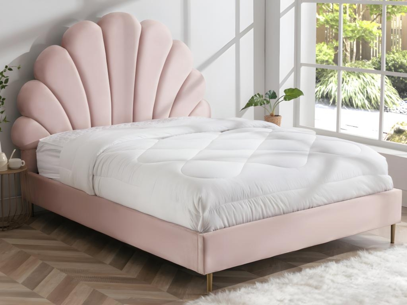 Vente-unique - Bett mit Kopfteil in Muschelform + Matratze - 160 x 200 cm - Samt - Rosa - LIVAYA Bild 1