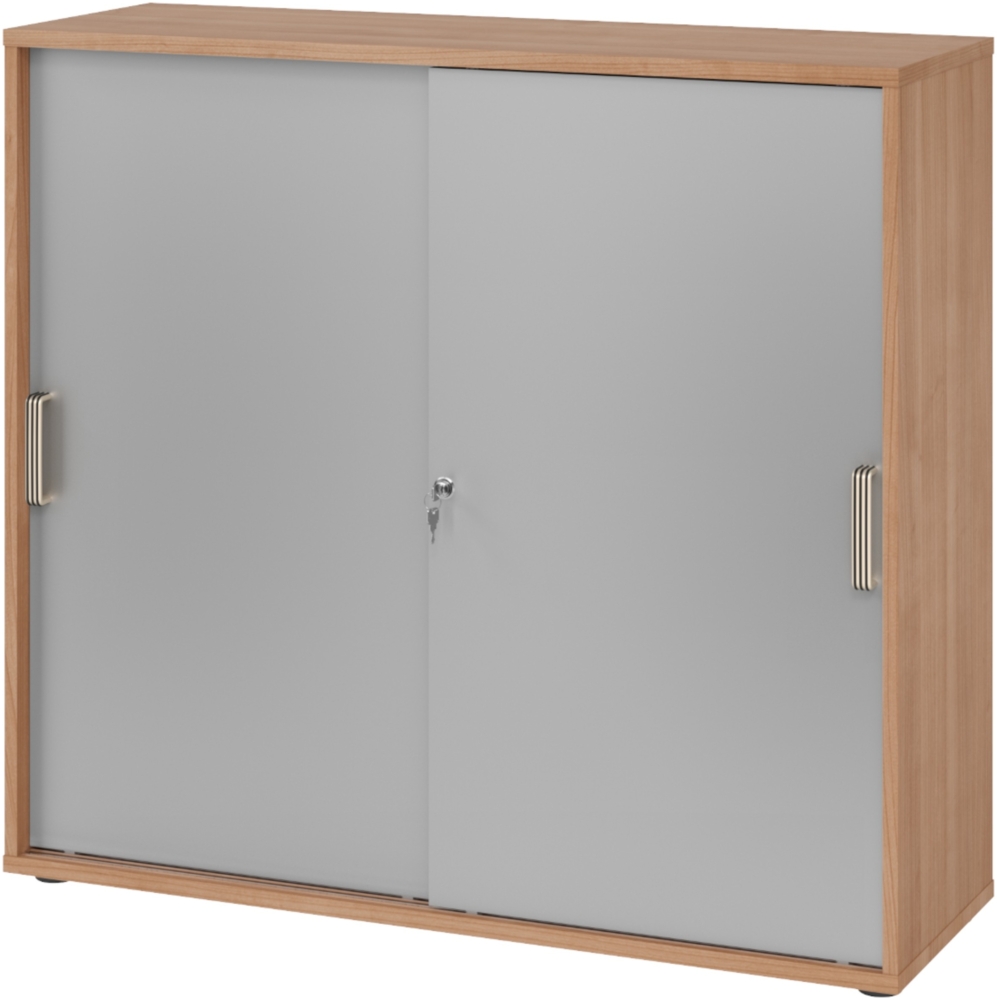 bümö Schiebetürenschrank 3OH - Aktenschrank abschließbar, Sideboard Schrank mit Schiebetüren in Nussbaum/Silber, Streifengriff - Büroschrank aus Holz mit Schiebetür, Büro Kommode für Ordner & Co, 1753S-N-S-SG Bild 1