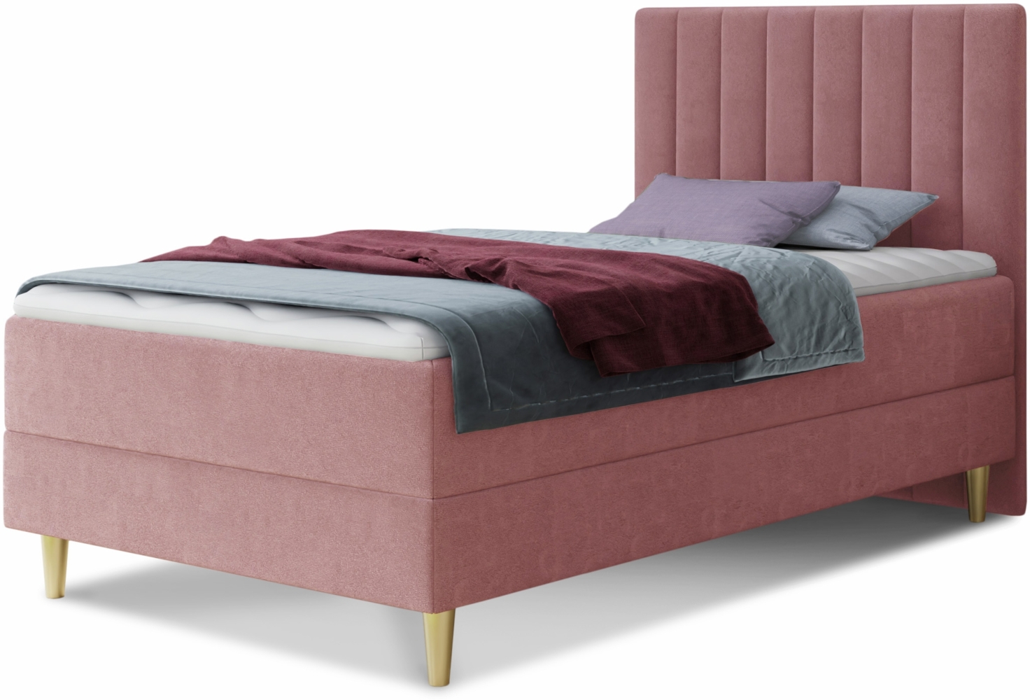 Boxspringbett Gold Mini mit Bettkasten, Bonell-Matratze und Topper - Einzelbett mit Matratzentopper, Polsterbett, Bett, Schlafzimmer, Jugendzimmer, Velours Stoff (Pink (Manila 09), 80x200 cm) Bild 1