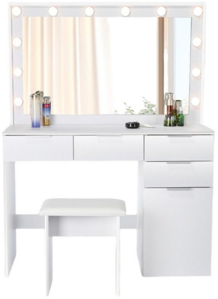 WILGOON Schminktisch Kosmetiktisch mit Spiegel und Hocker, Kosmetikspiegel, LED-Beleuchtung (2-teiliges Set, Make-up Tisch mit 5 Schubladen, 1 Schminktisch, 1 Hocker), Frisiertisch Kosmetiktisch Hollywood, LED-Beleuchtung Bild 1