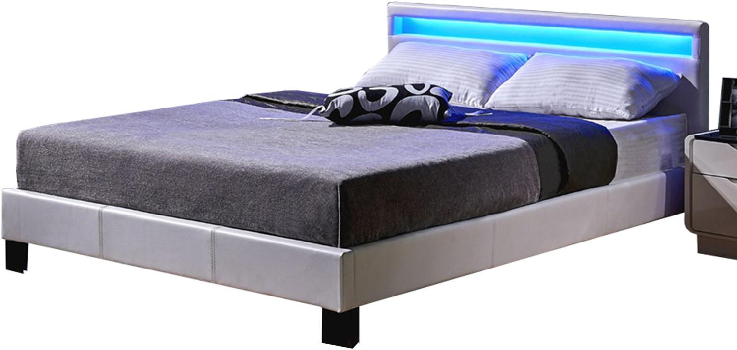 Doppelbett inkl. LED Beleuchtung und Lattenrost 140 x 200 cm Weiss Bild 1