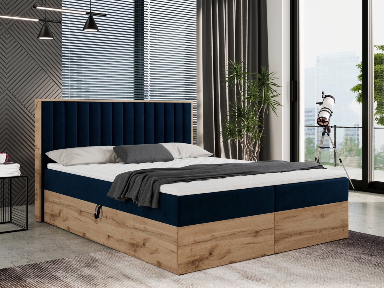 Boxspringbett mit dekorativem Kopfteil und zwei Bettkästen, Eiche Holzrahmen - ALBERO 4 - 140x200 cm - Dunkelblau Velours - H4 Bild 1