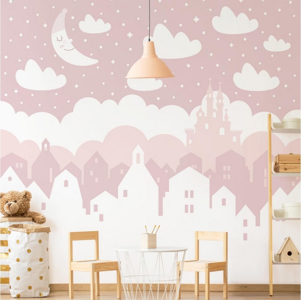 Bilderdepot24 Kindertapete Kinderzimmer Sternenhimmel Häuser Mond rosa Kinder Wanddeko Wolken, Glatt, Matt, (Vliestapete inkl. Kleister oder selbstklebend), Mädchenzimmer Jungenzimmer Babyzimmer Bildtapete Fototapete Wandtapete Bild 1