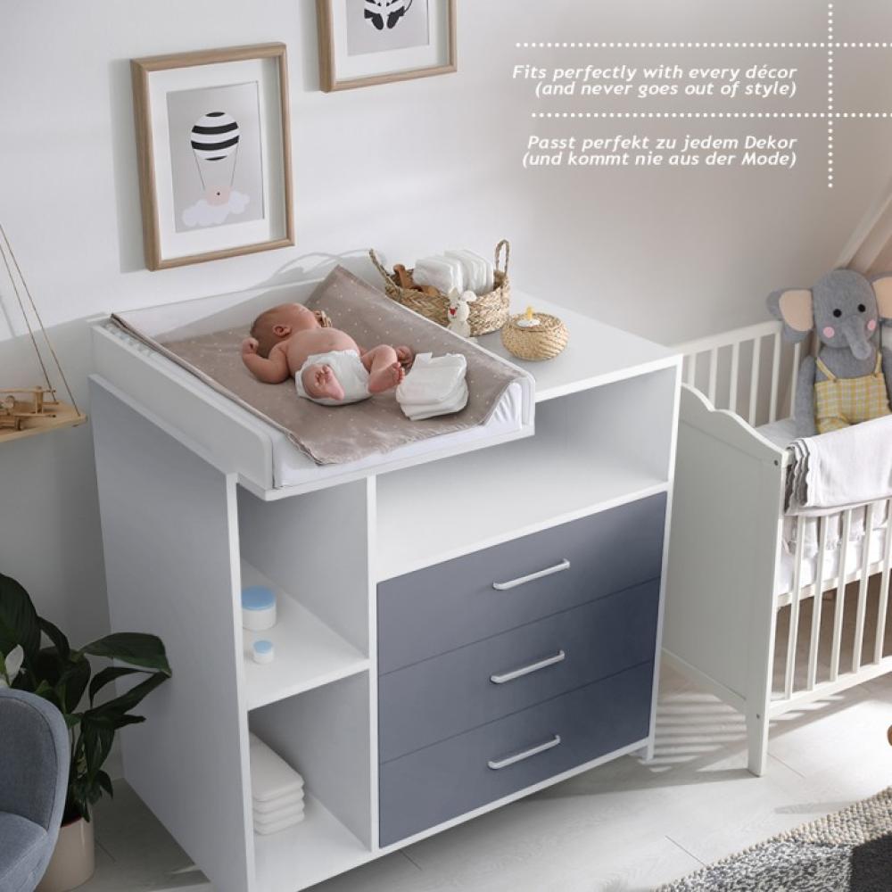 Infantastic® Wickelkommode - Mit Wickelauflage, 3 Schubladen, 3 Fächer, viel Stauraum, 113x53x101,6 cm, in MDF, Grau-Weiß - Baby Kommode, Wickelregal, Wickeltisch, Wickelschrank mit Wickelaufsatz Bild 1