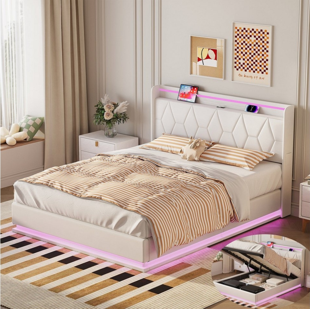 PXloue Polsterbett LED hydraulisches Doppelbett, Stauraumbett,mit Lattenrost und bettkasten,160x200 cm Bild 1