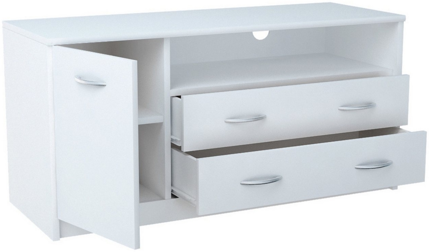 Home Collective TV-Schrank 110cm breit Lowboard mit matter Oberfläche Fernsehtisch mit 1 Tür (abgerundete Kante und Metall-Rollschienen Fernsehkommode) 2 Schubladen und 2 Regalen aus laminiertem Board weiß Bild 1