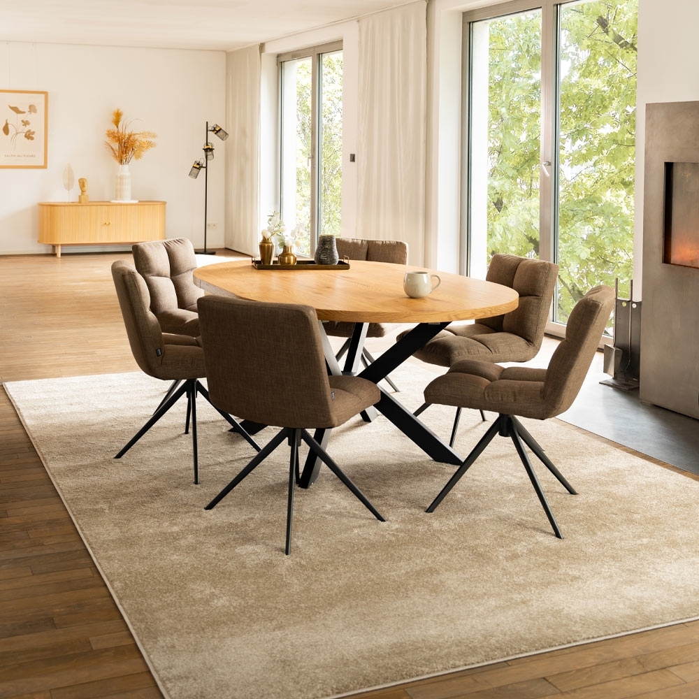 HOME DELUXE Essgruppe Rund Ausziehbar AVENTURA inkl. Sternfuß - 120-160 x 120 cm Light Oak 6 Stühle Grau Bild 1