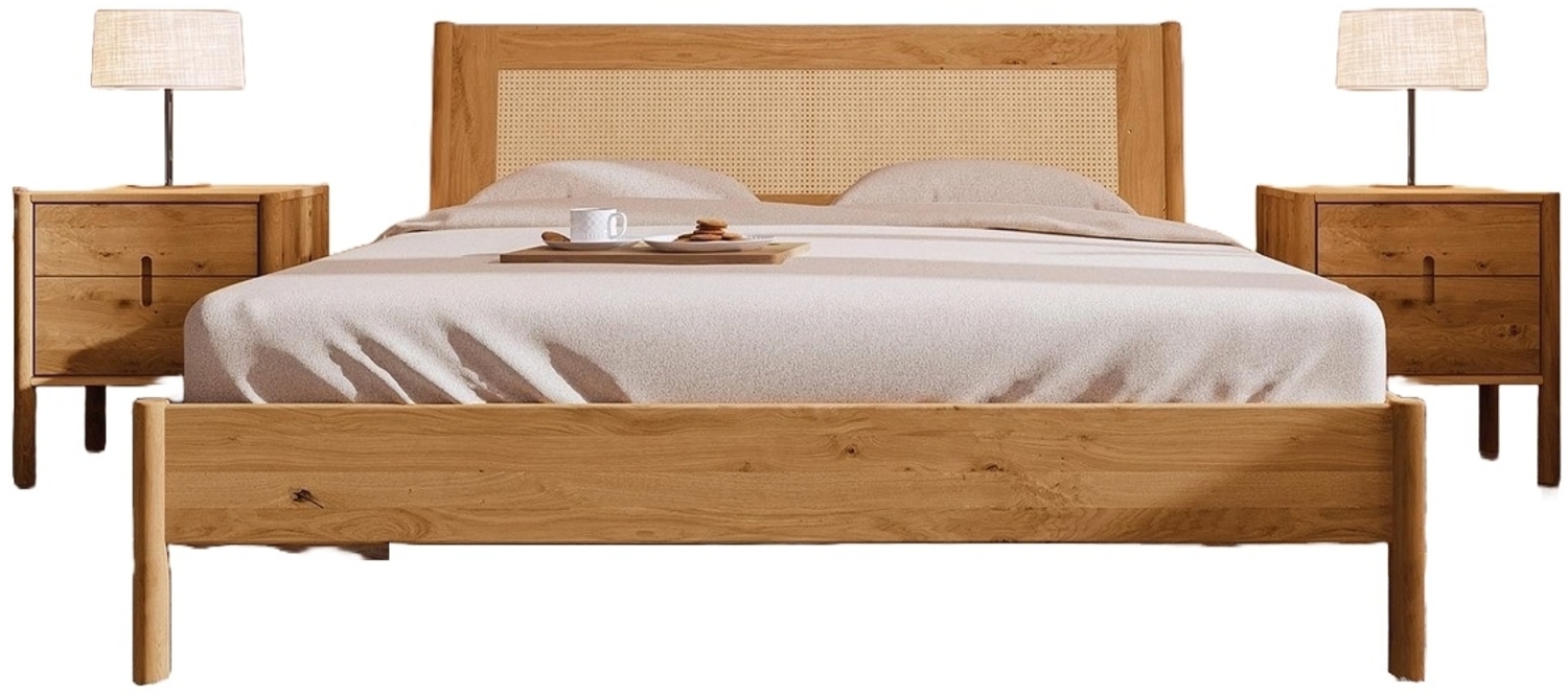 Bett Zola 2 Wildeiche massiv Rattankopfteil und Holzbeine 160 x 220 cm Bild 1